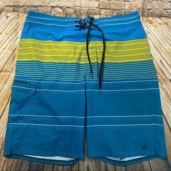 O’Neill Blue Green Striped Unlined Board Shorts - Picture 1 of 6